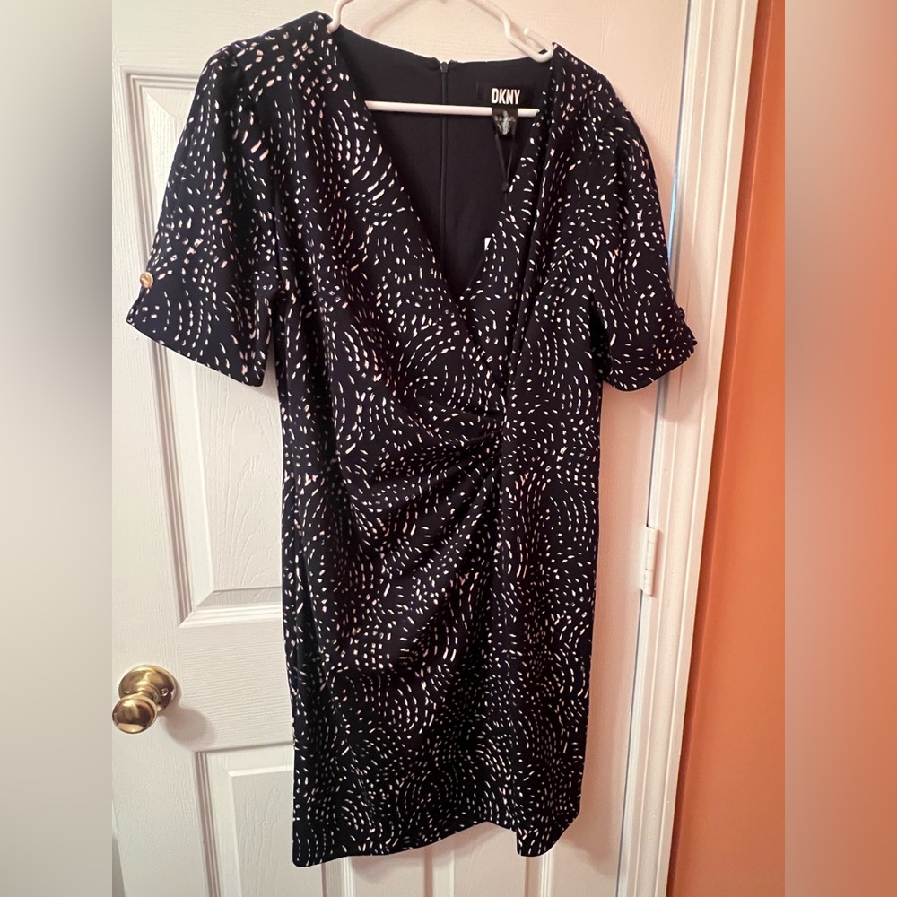 DKNY Navy Midi Dress with Pink Dot Swirl Print
